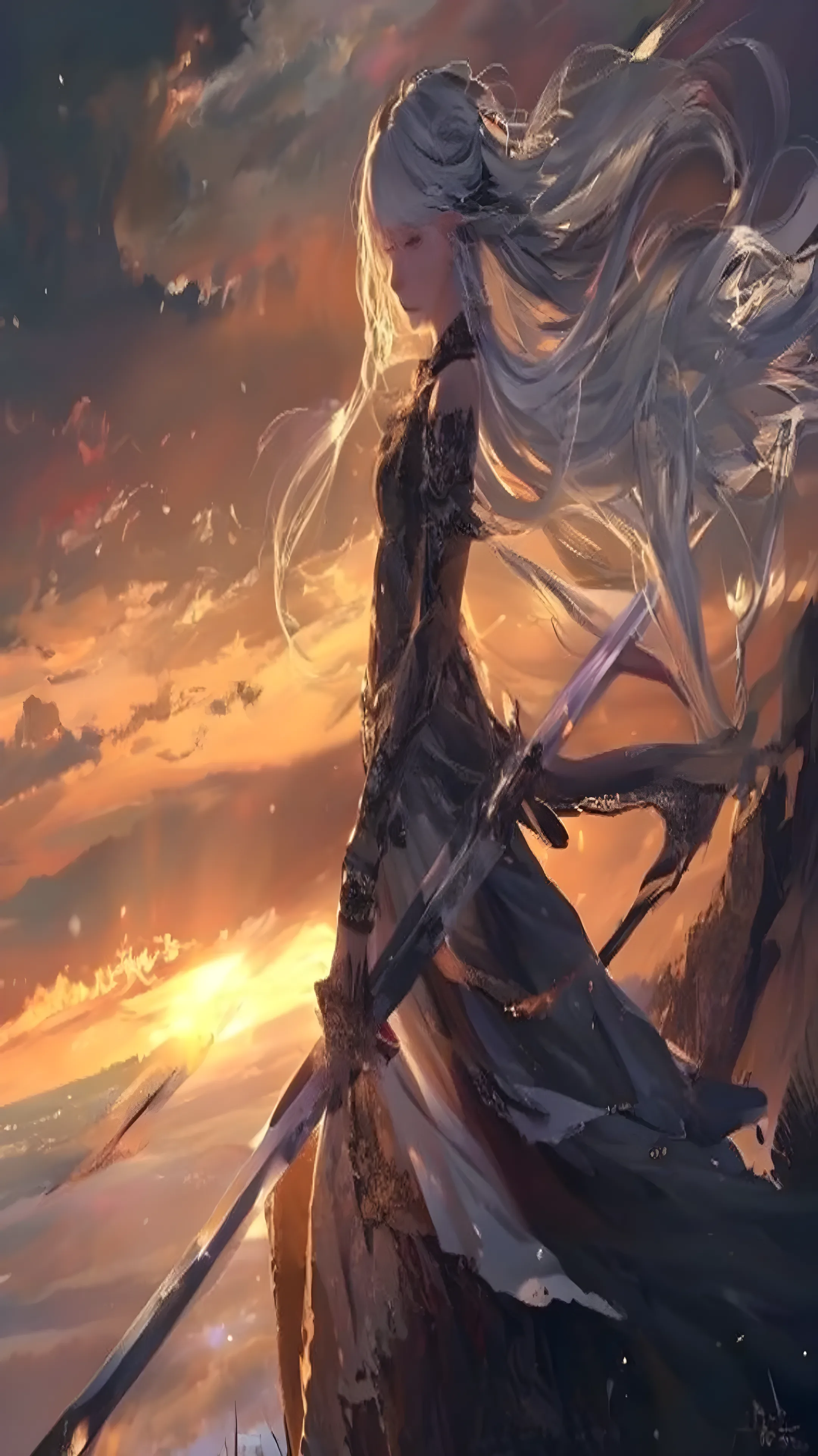 Original anime warrior girl with flowing silver hair