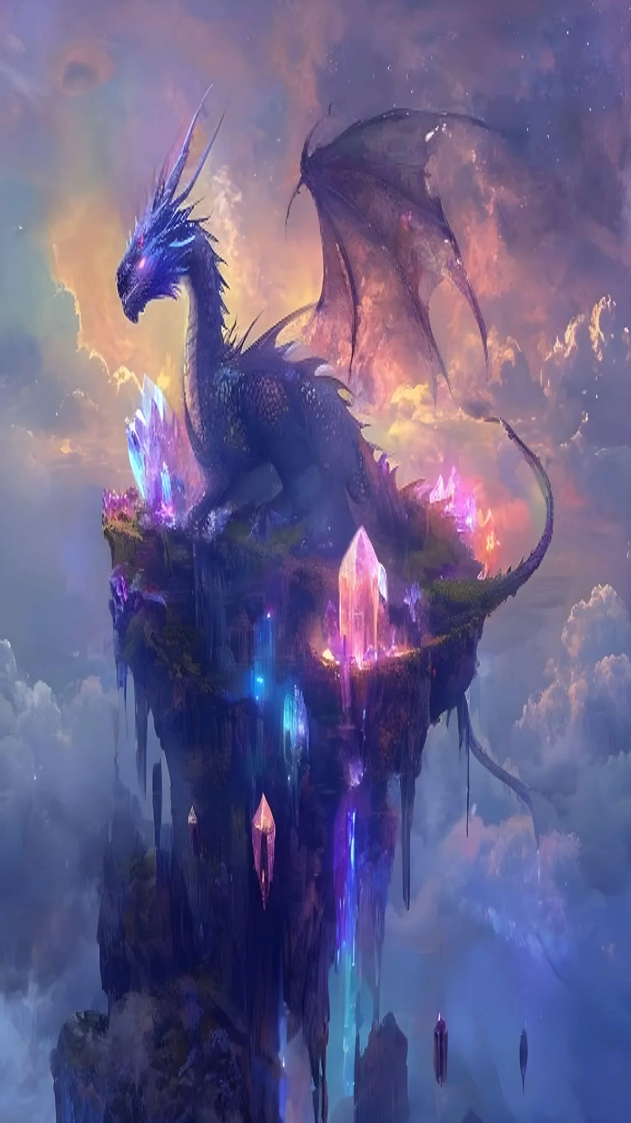 Fantasy dragon perched on a floating island