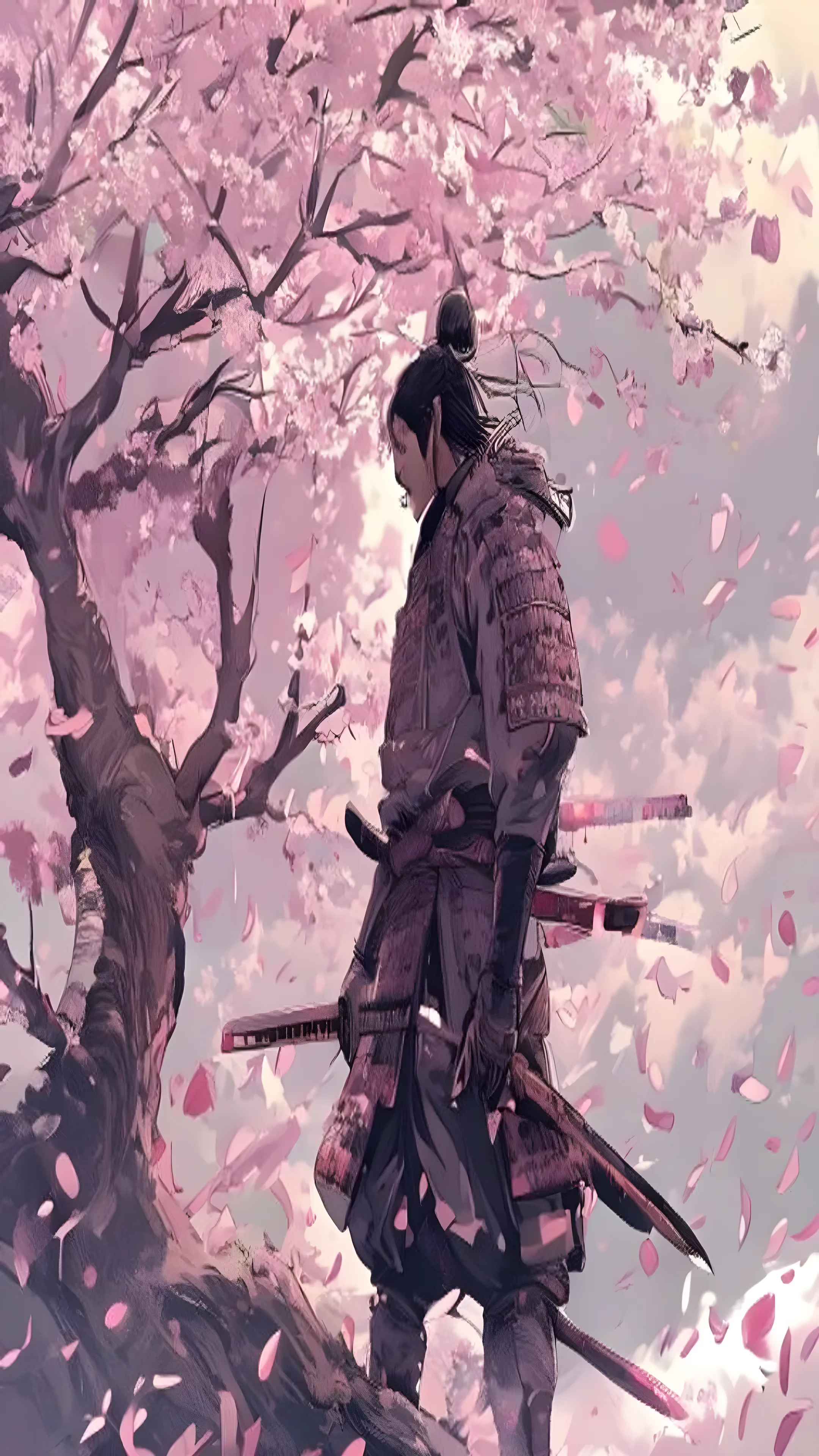 Original anime samurai standing under cherry blossom trees