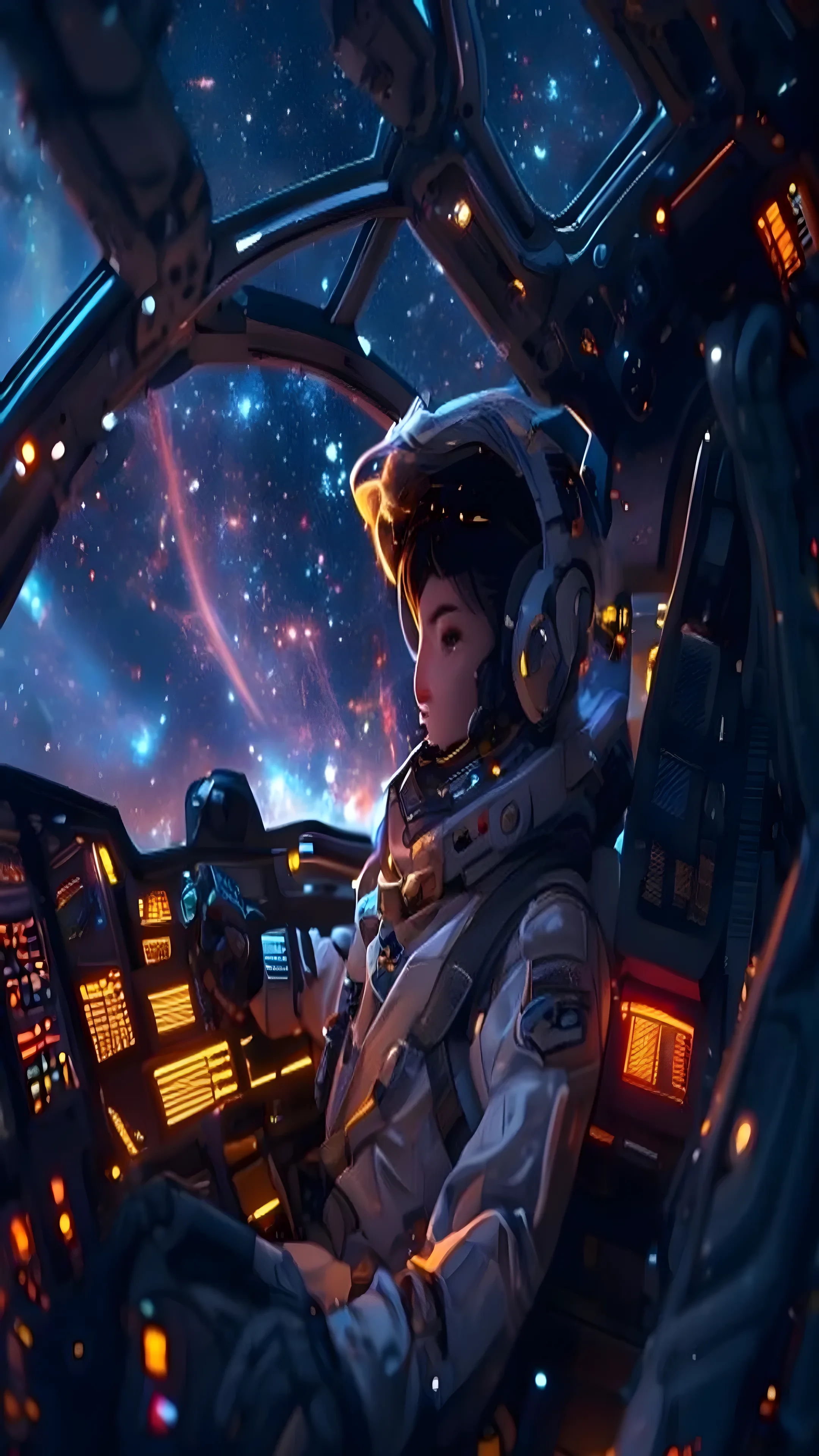 Space anime pilot character in a glowing cockpit