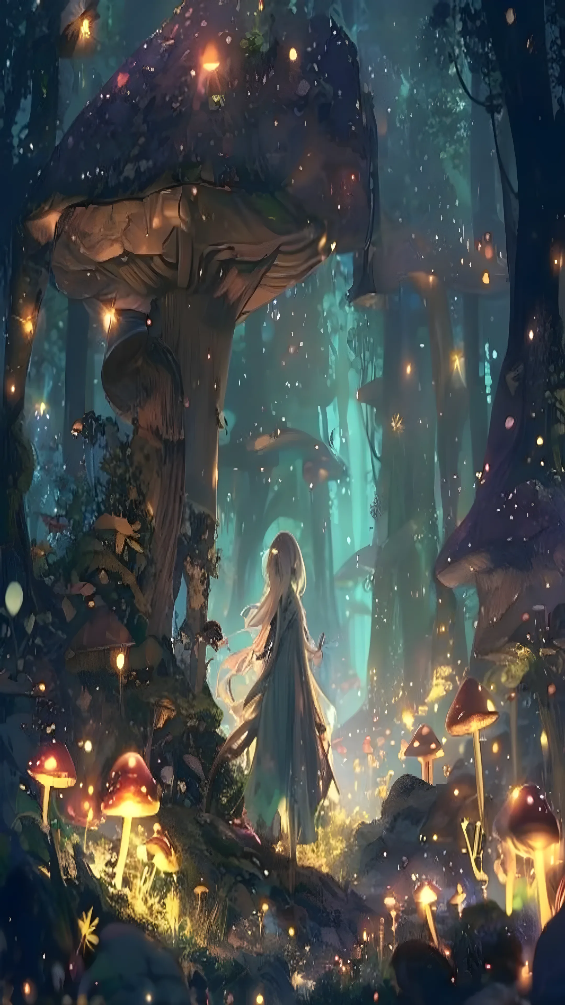Fantasy forest spirit character glowing softly among gian...
