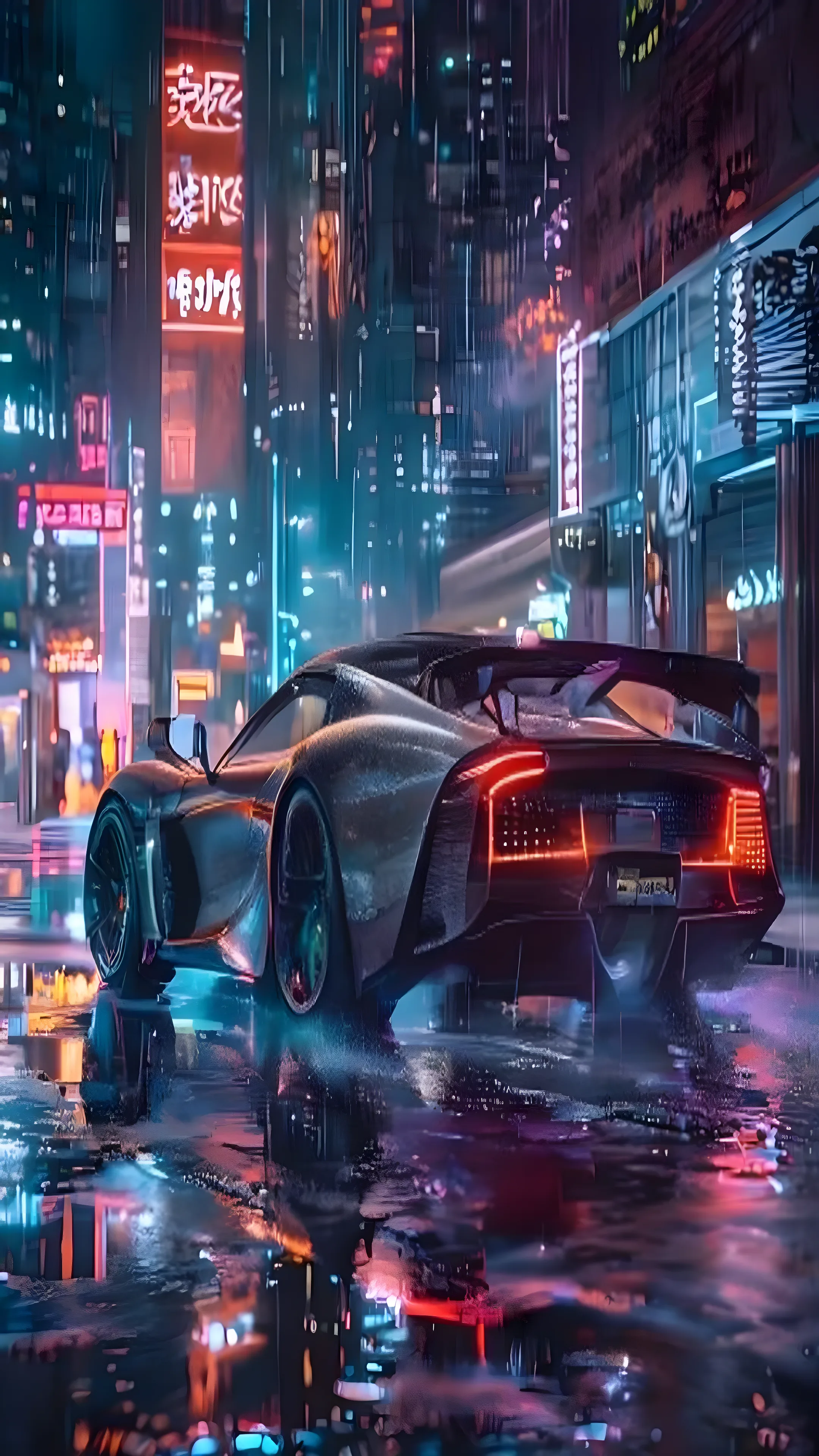 Futuristic supercar parked on a neon-lit street at night
