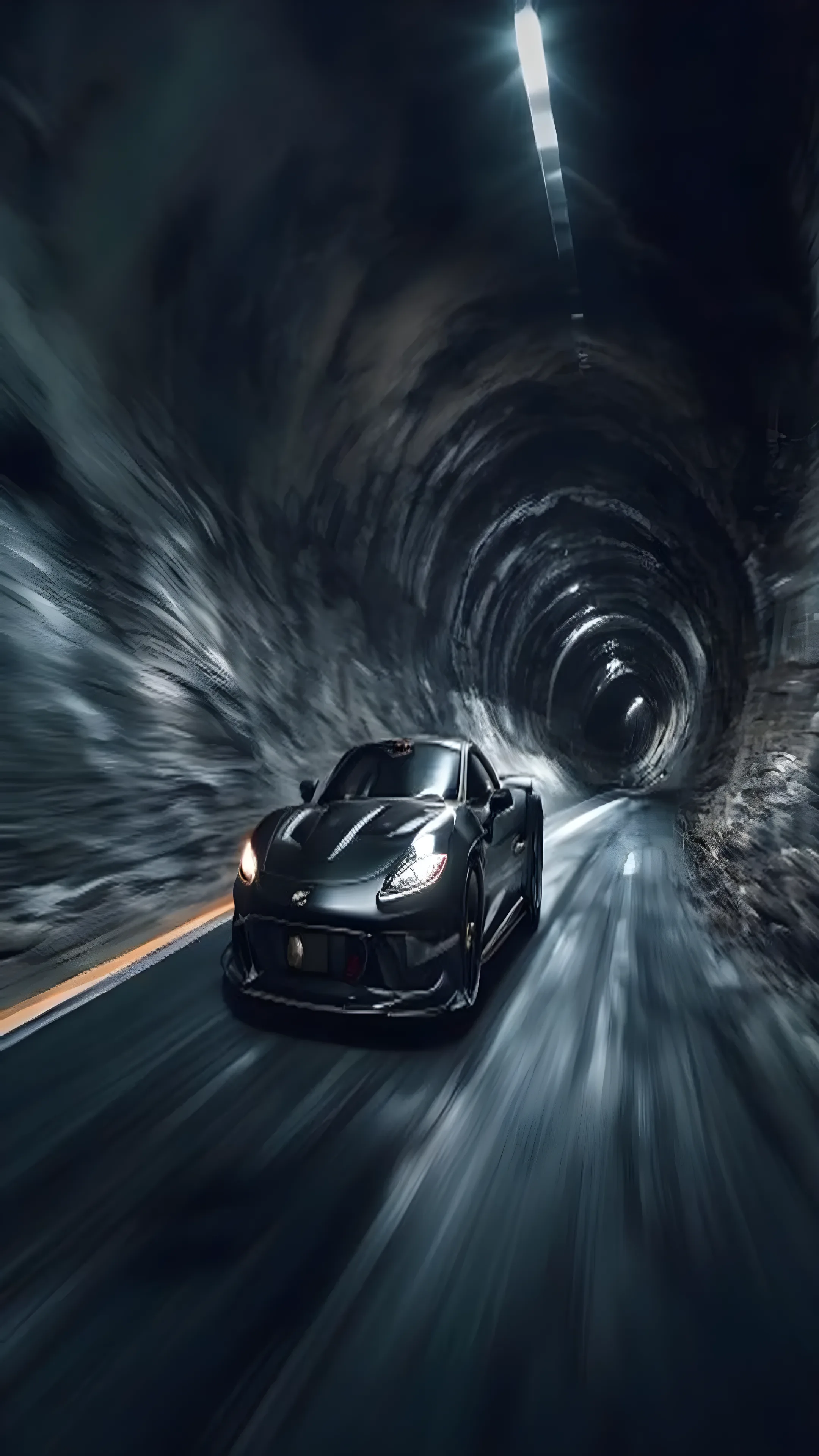 Matte black sports car speeding through a mountain tunnel