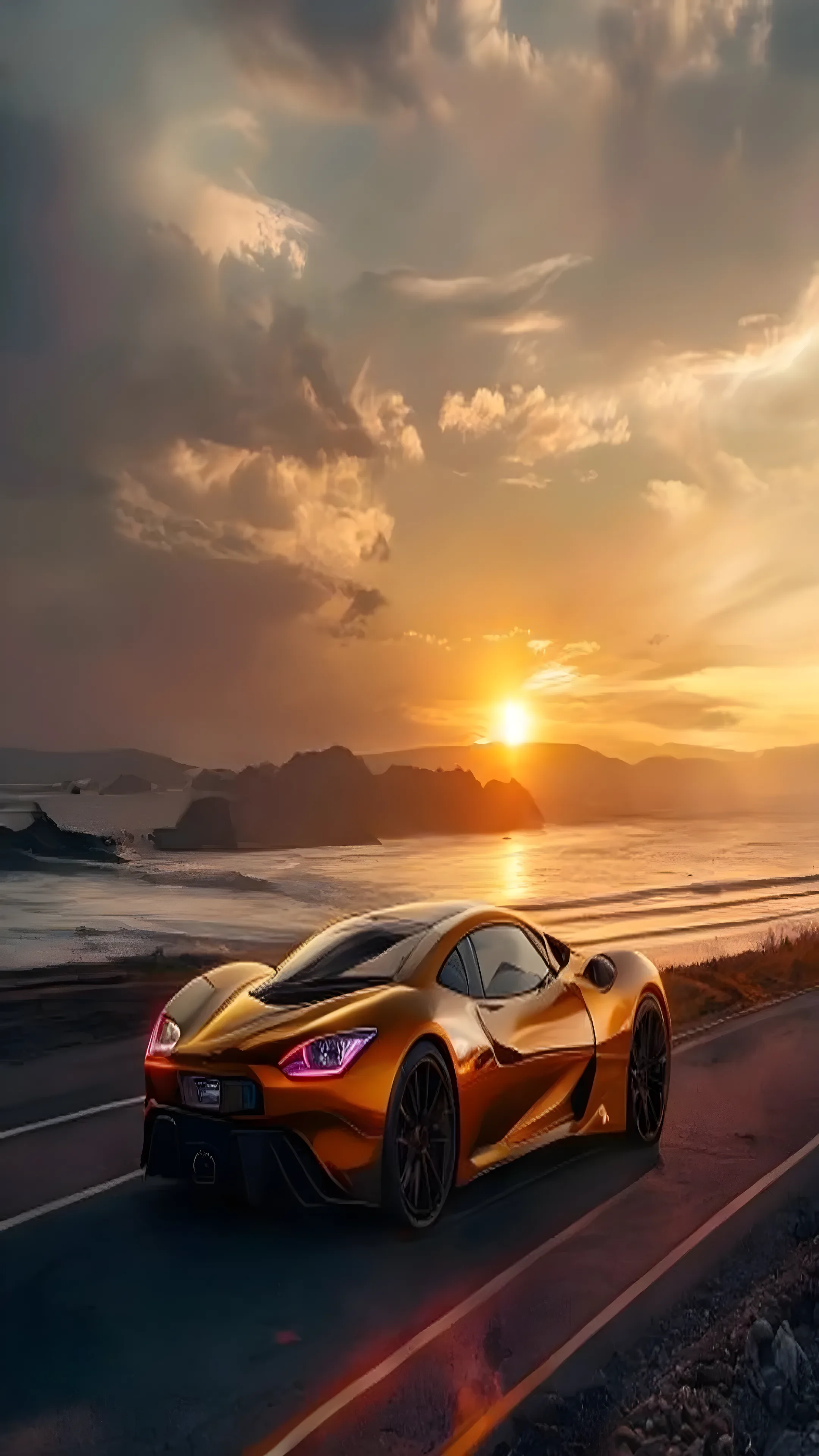 Luxury sports car on a coastal highway at sunset