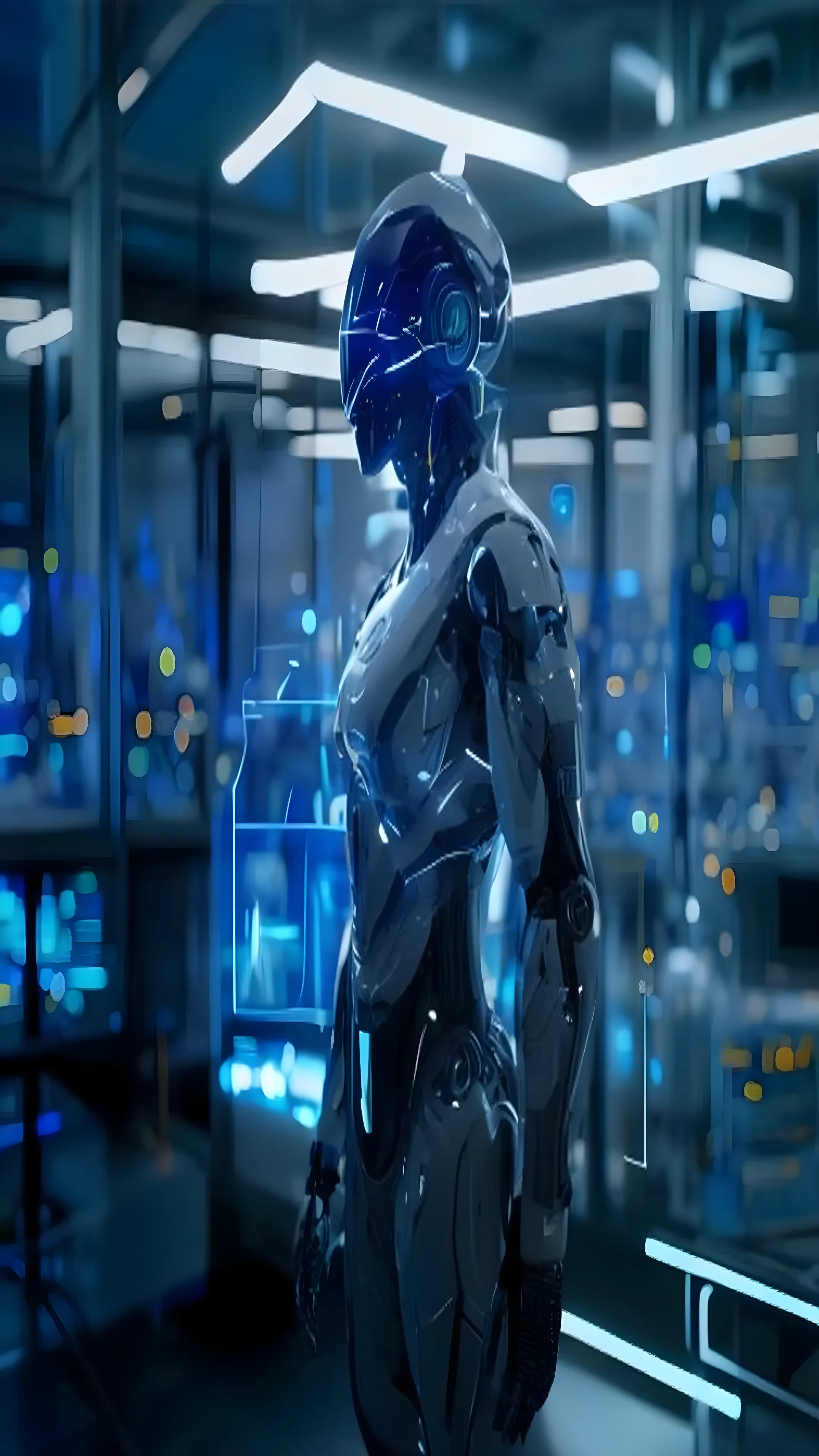 Futuristic humanoid robot standing in a high-tech lab