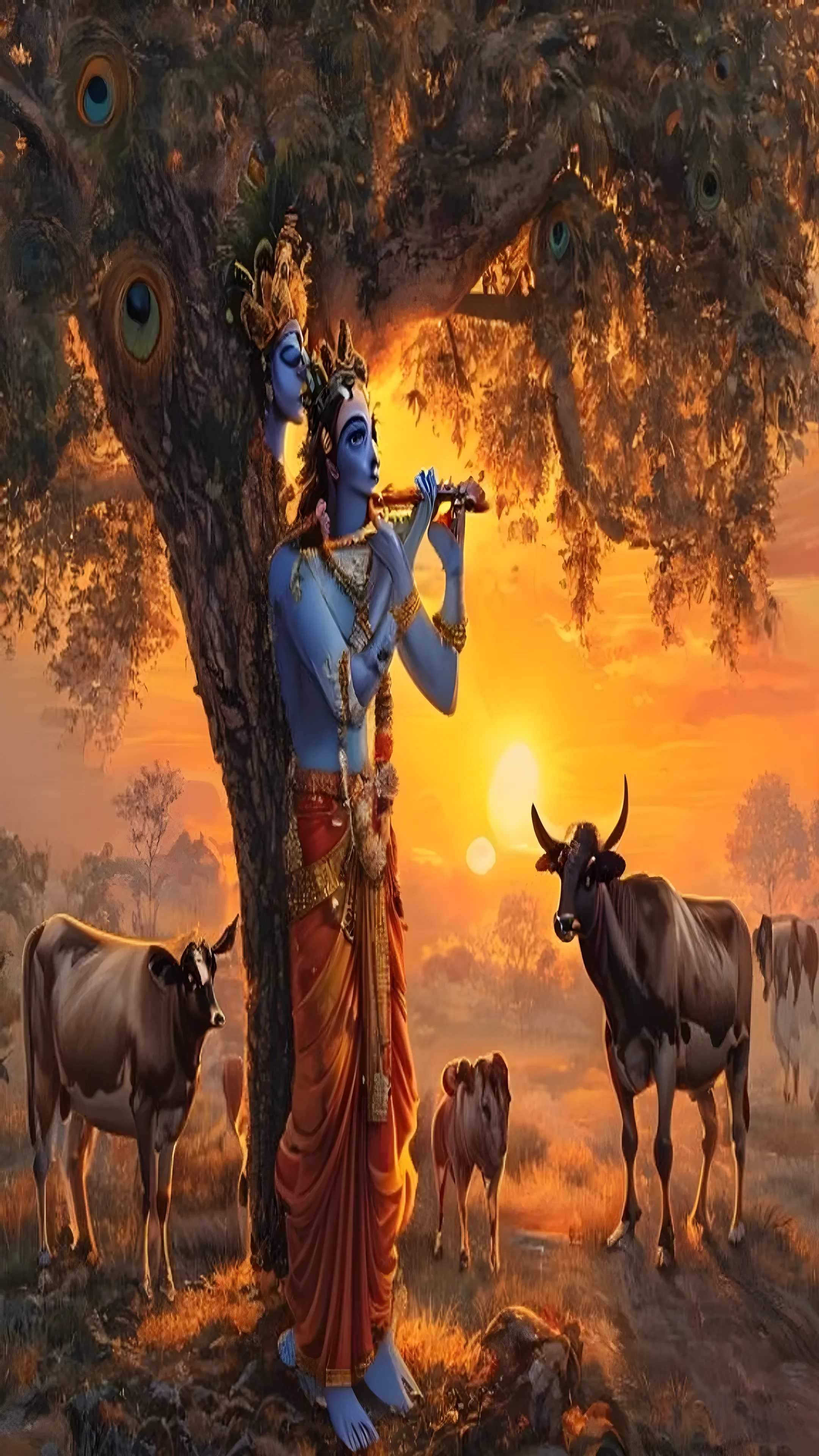 Lord Krishna playing flute under a banyan tree