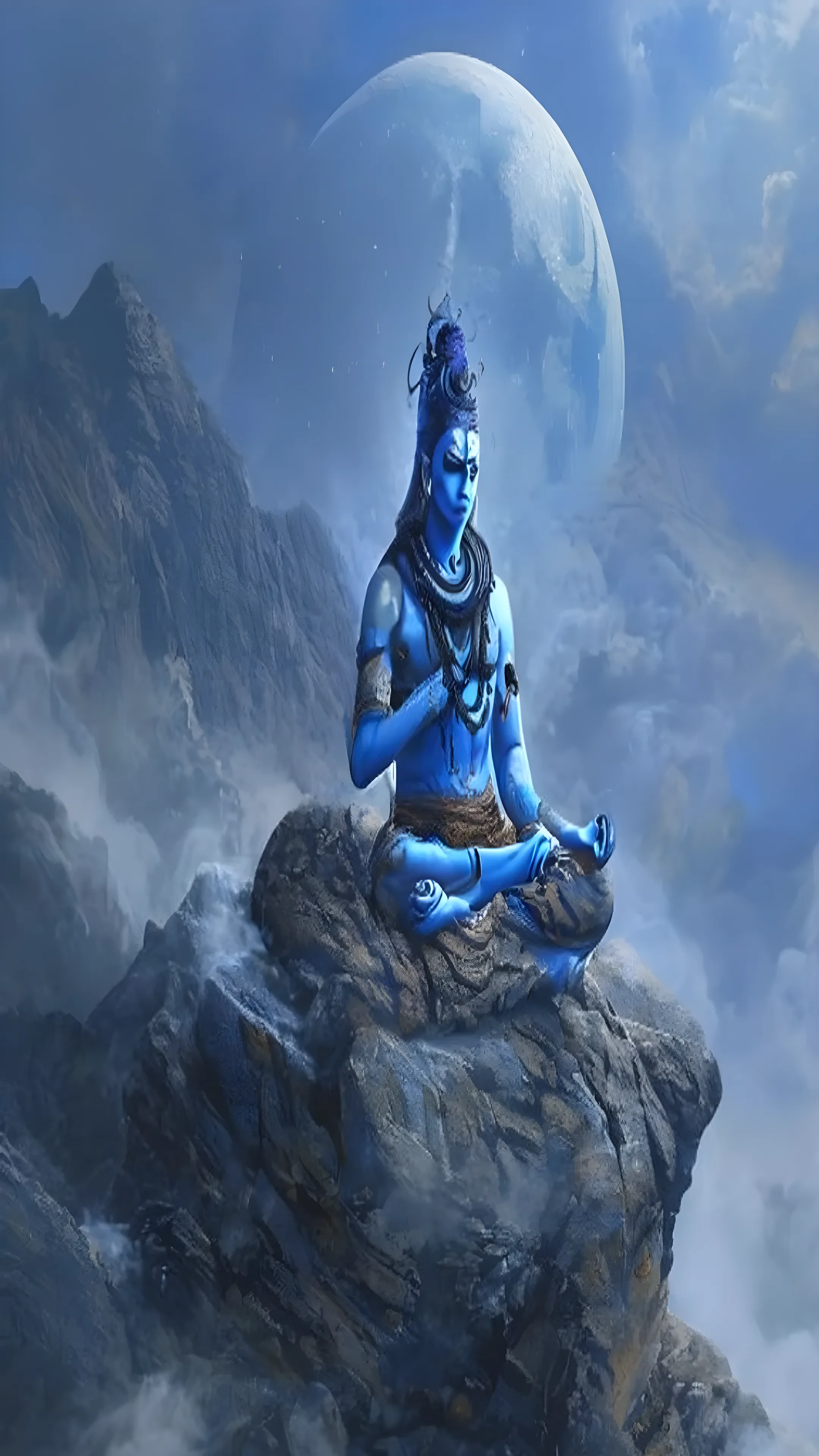 Lord Shiva meditating on a mountain peak