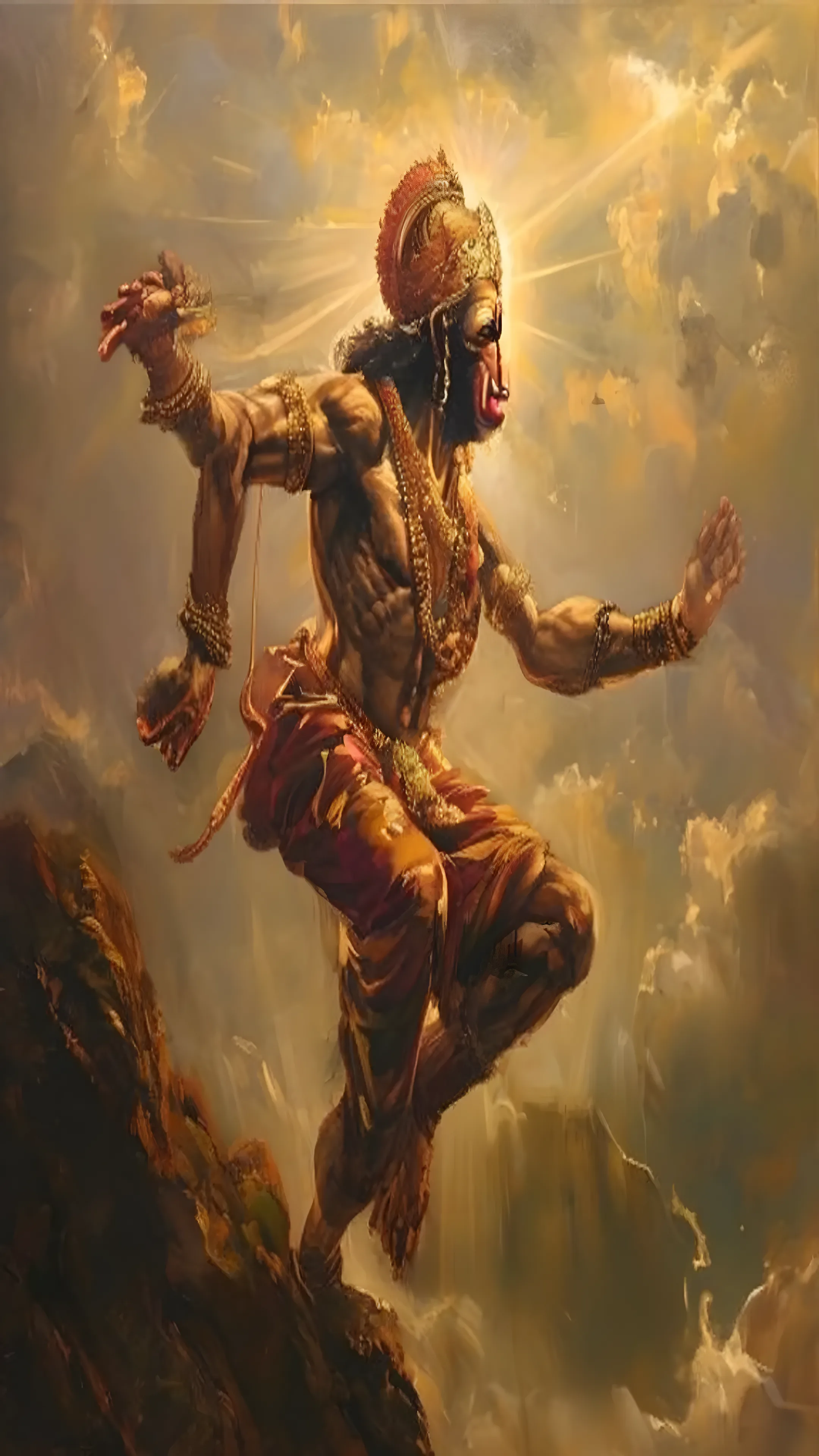 Hanuman ji flying with mountain in hand