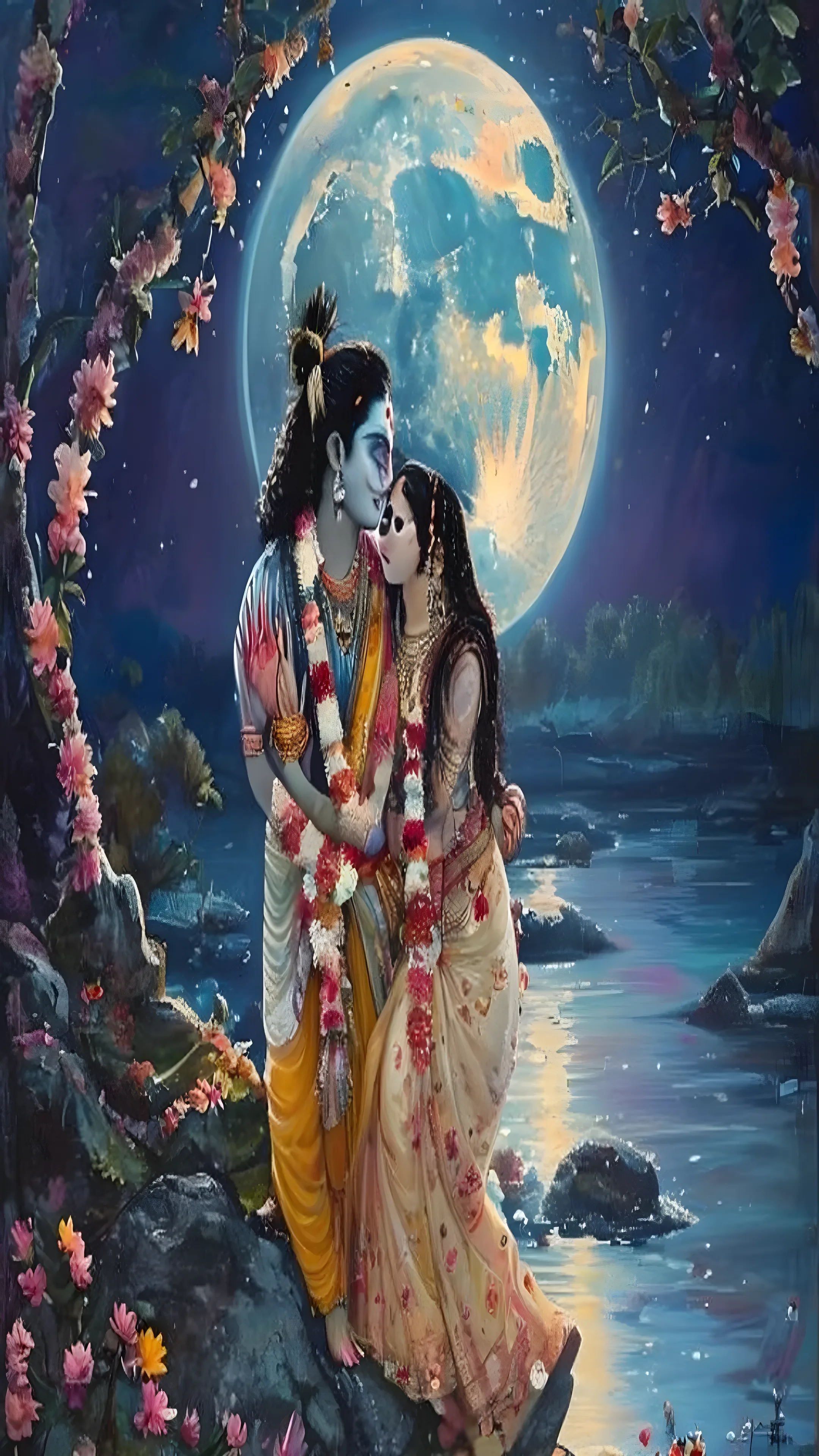 Radha Krishna together under moonlight