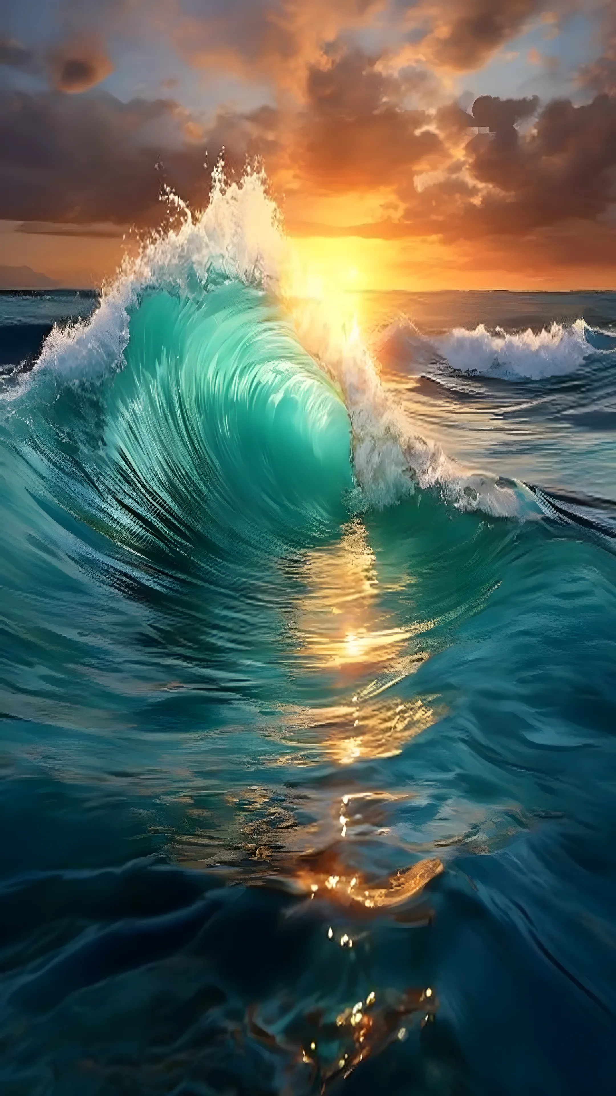 Turquoise ocean wave curling at sunset