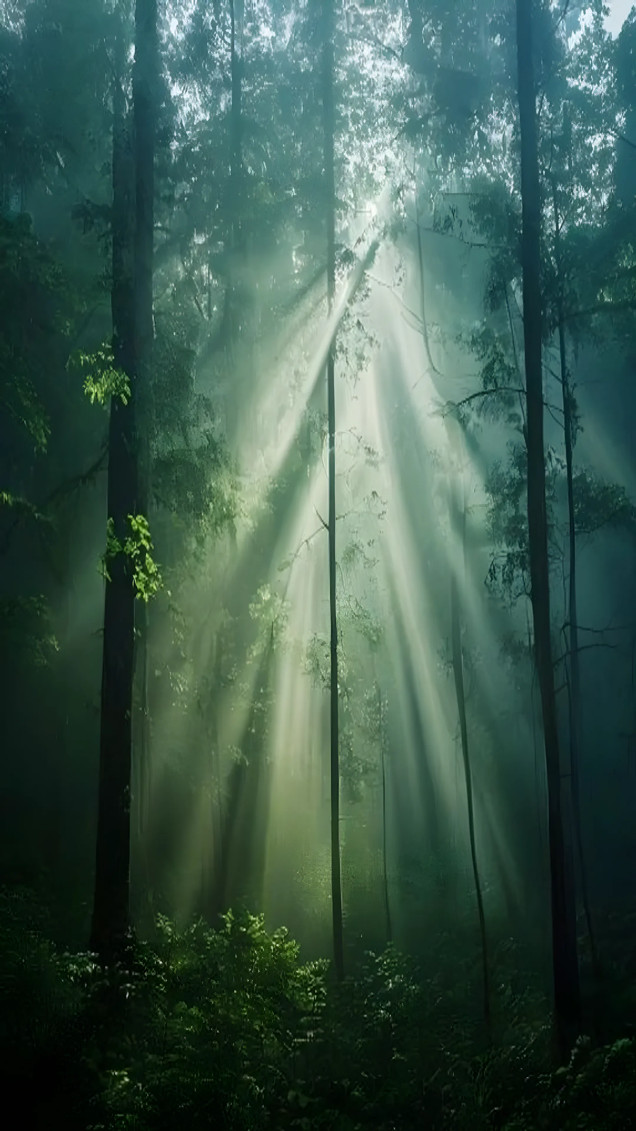 Dense green forest with sunbeams filtering through tall t...