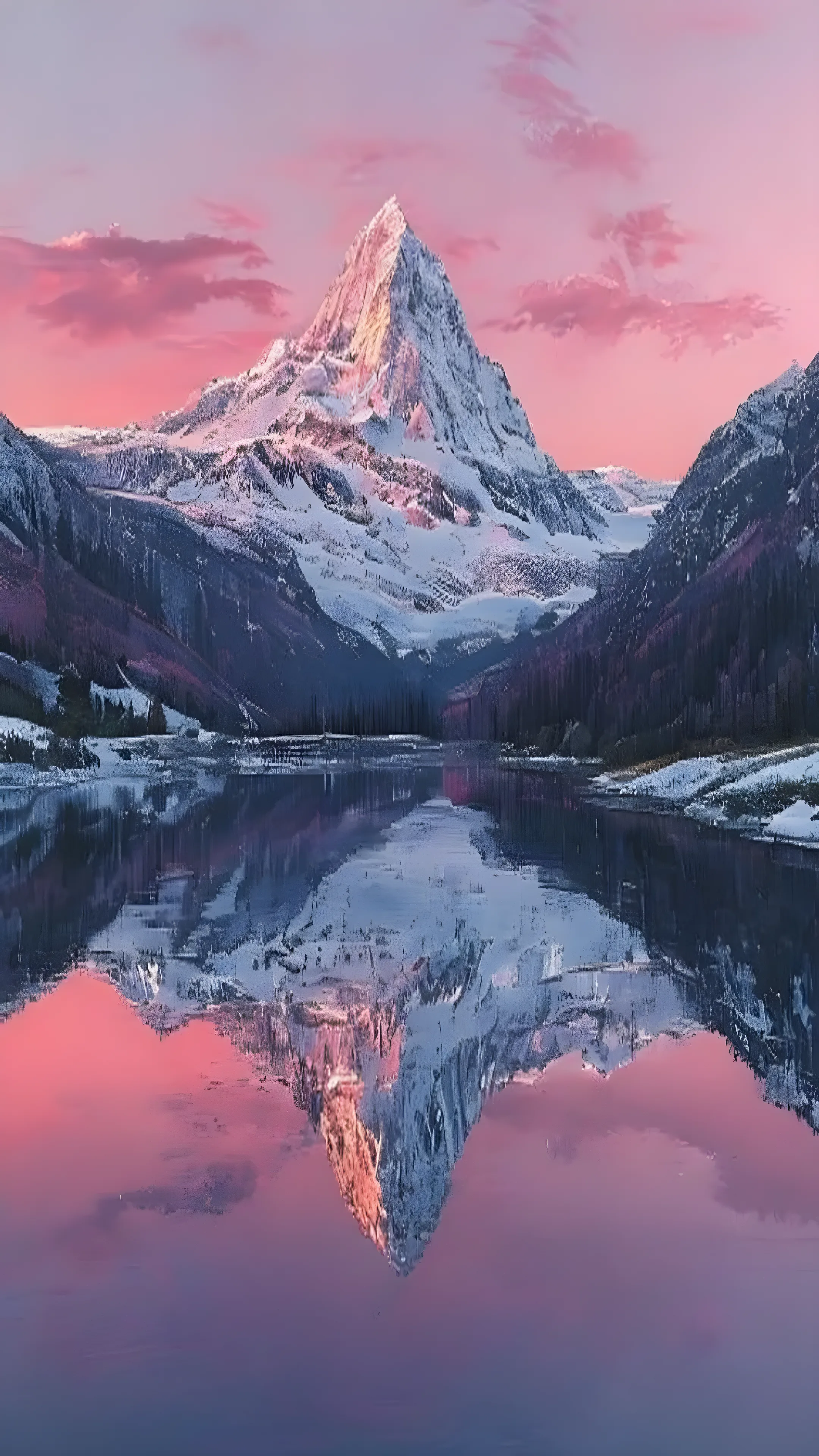 Snow-capped mountain reflected in a still alpine lake