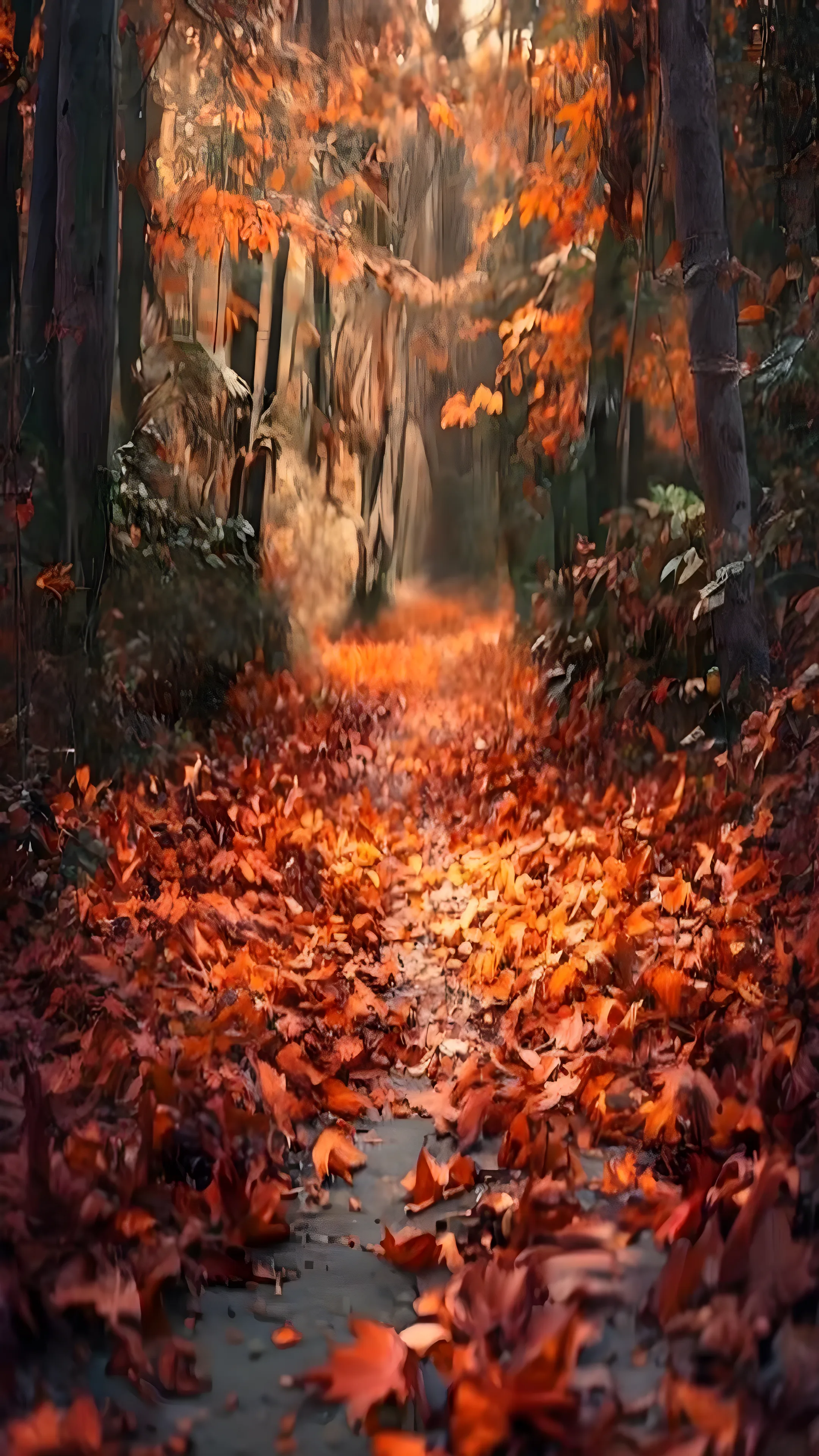 Autumn forest path covered in orange and red leaves