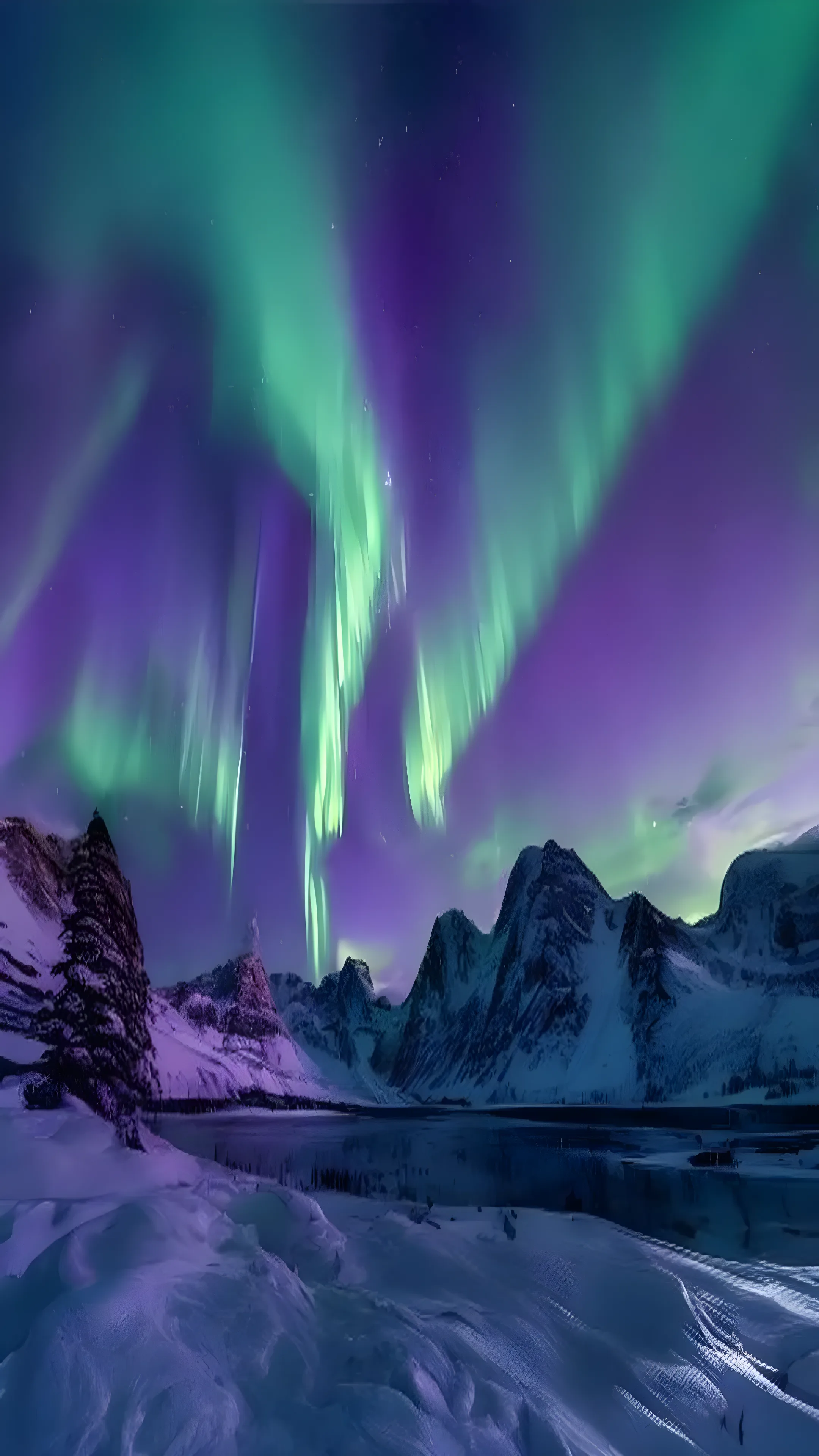 Northern lights over a snowy mountain landscape